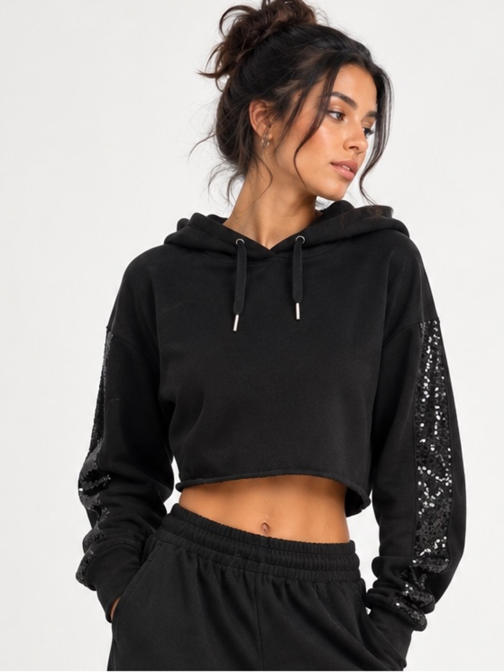 Black Sequin Stripe Cropped Hoodie Sweatshirt S/M Y2K Sporty Glam